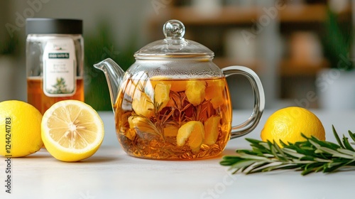 Herbal tea with lemon and rosemary. Kitchen background. Healthy drink photo