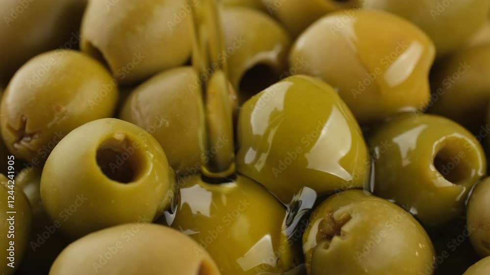 Pouring olive oil on heap of green olives Pouring olive oil on heap of green olives