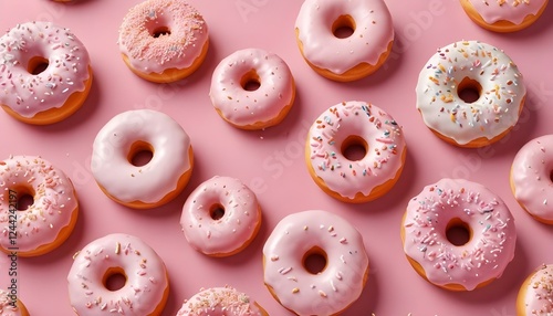 Donuts rosados ​​esmerilados con chispas dispuestas sobre un fondo rosa claro. Los donuts tienen una base de color marrón dorado y están espaciados uniformemente photo