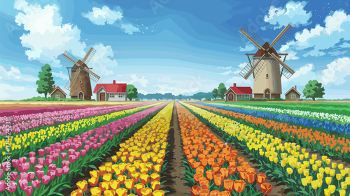 Tulip Field with Windmills and Houses