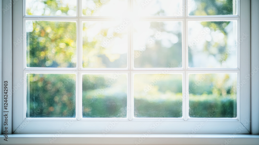 Fototapeta premium Abstract white window background with soft light diffusion and a defocused view of nature