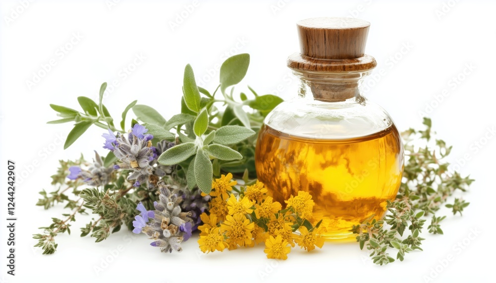 Herbal Infused Essential Oil Bottle Displayed On White Background - Exploring The World Of Alternative Medicine With Natural Remedies. Herbal Infused Essential Oil Bottle Displayed On White Background - Exploring The World Of Alternative Medicine With Natural Remedies.