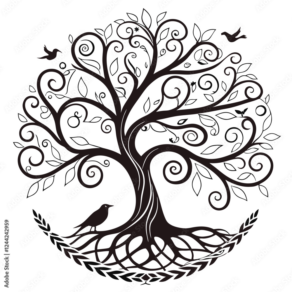 Ornate Celtic Tree of Life Design: Black and White Swirl Pattern with Birds and Roots Ornate Celtic Tree of Life Design: Black and White Swirl Pattern with Birds and Roots