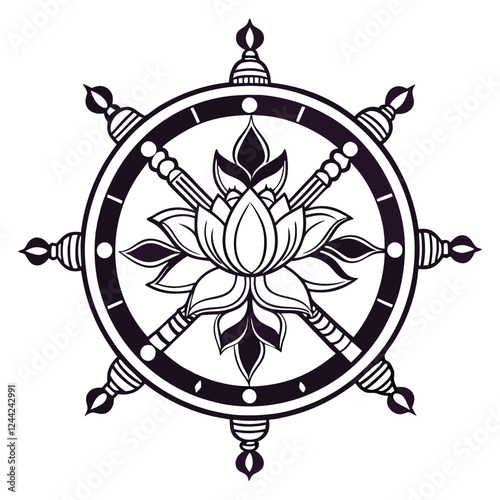 Black and White Dharmachakra Wheel with Lotus Flower Mandala Tattoo Design Art Print Graphic