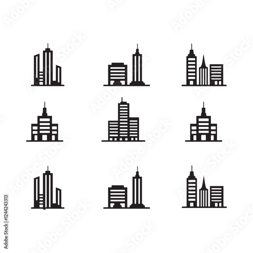  city buildings silhouettes, architectural symbols 