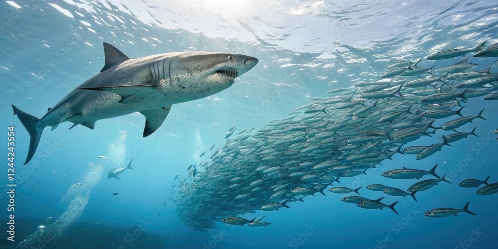 Fototapeta premium School of fish fleeing from a large megalodon shark, aquatic scenes, schooling behavior, fish migration patterns