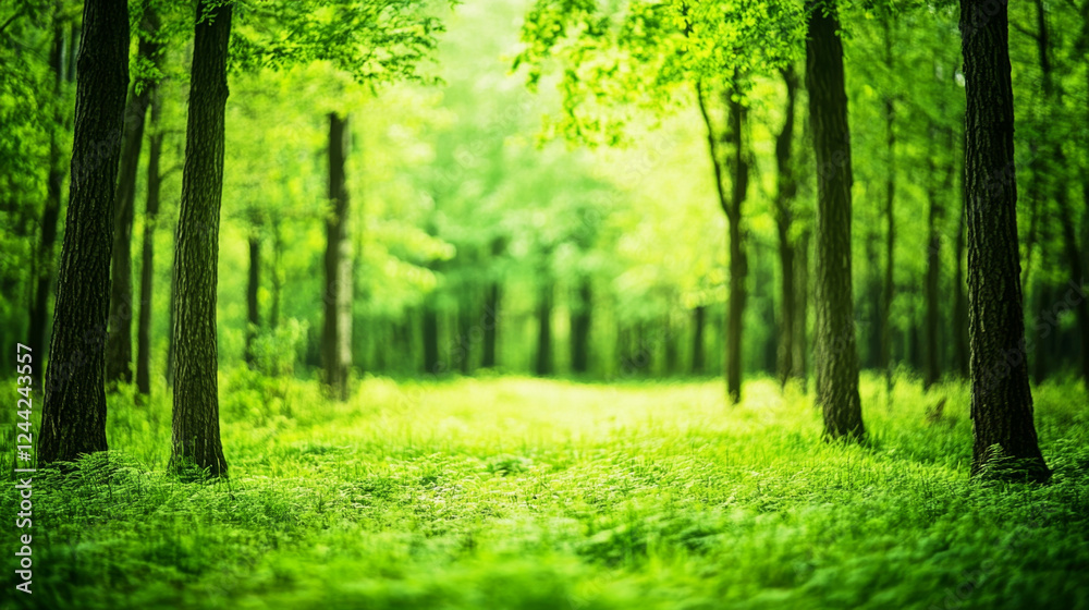 Blurry green forest with soft tones and bokeh lights inviting tranquility in nature's embrace