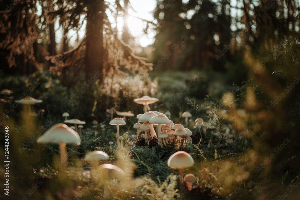 Sunlit cluster of mushrooms thriving in a lush forest clearing. Sunlit cluster of mushrooms thriving in a lush forest clearing.