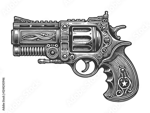 Ornate Steampunk Revolver engraving vector