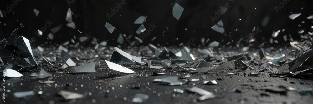 Naklejka premium Shattered glass and paint shards scatter across a dark background , creative destruction, abstract chaos, shattered glass