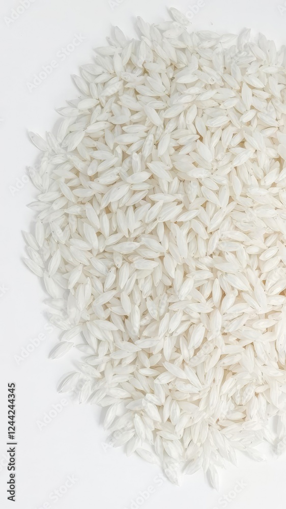 Shiny polished long rice grains heaped neatly on a white background, long grain, isolated Shiny polished long rice grains heaped neatly on a white background, long grain, isolated