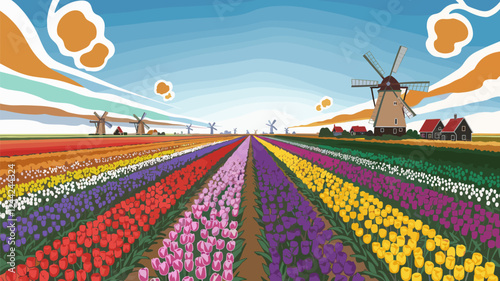 Dutch Tulip Fields with Windmills and Colorful Sky
