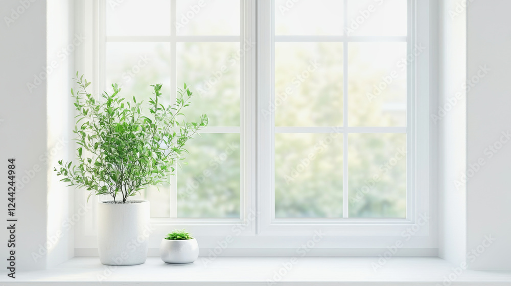 White window background with soft natural light and greenery in a modern setting