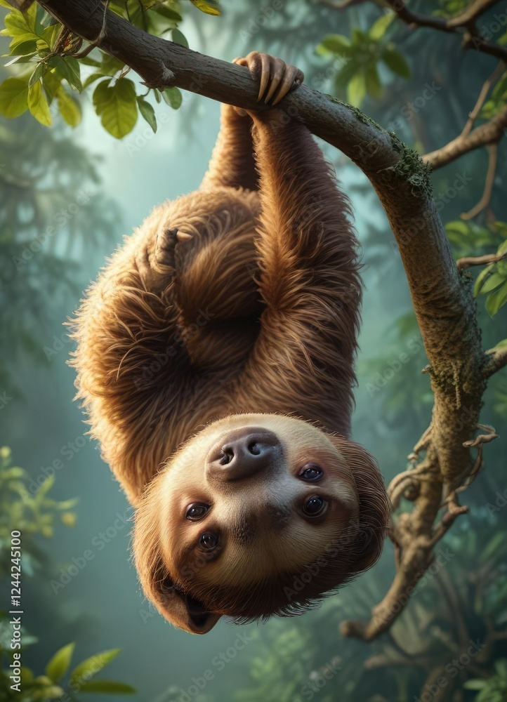 Obraz premium Sloth hanging upside down from a branch with its long curved claws secure, hang, upside down, branch