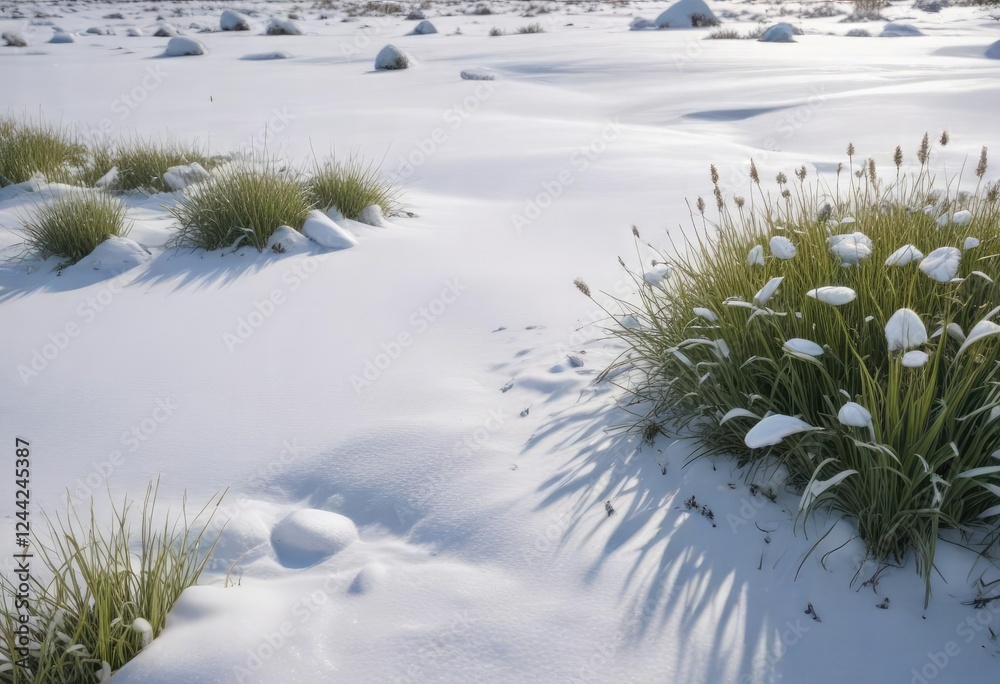 small patch of grass amidst snow-covered field, frozen terrain, winter transition small patch of grass amidst snow-covered field, frozen terrain, winter transition