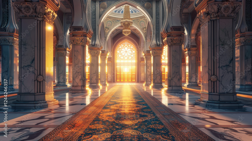 Obraz premium A grand hall bathed in sunlight, showcasing intricate architecture and elegant design.