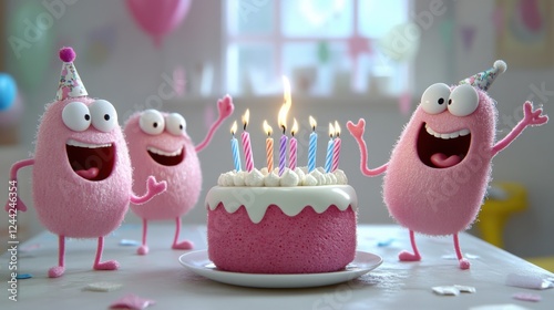Celebration of fun animated characters enjoying a birthday party bright room digital art