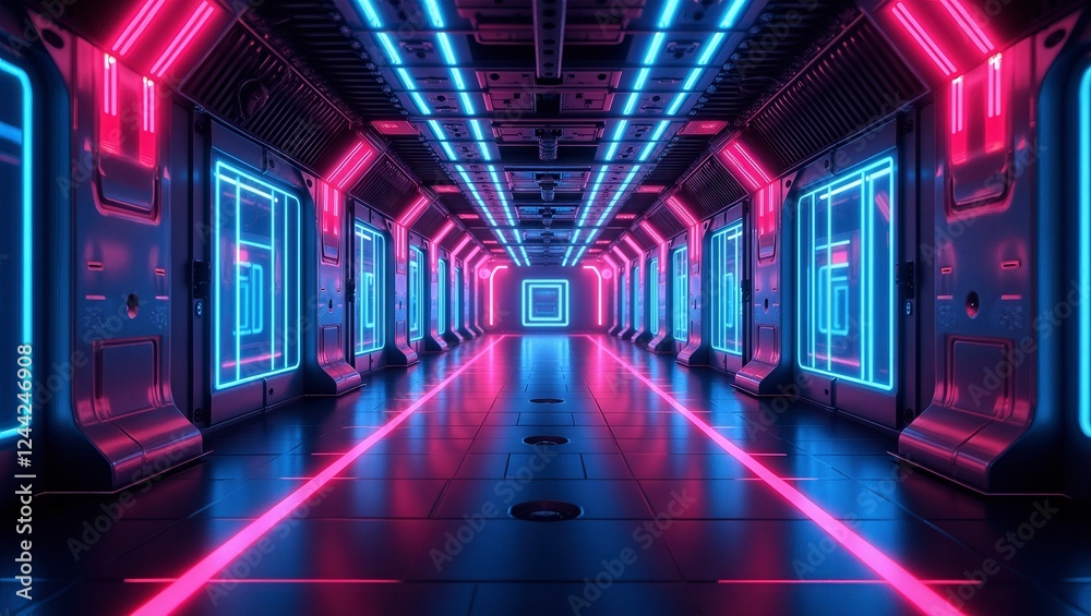 Fototapeta premium A futuristic neon hallway with glowing cyberpunk textures, pulsating holographic lights reflecting off the metal walls. The space has a high-tech, sci-fi feel with deep blue and purple tones.