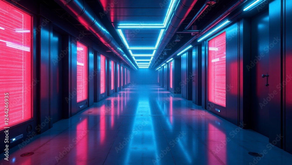 Fototapeta premium A futuristic neon hallway with glowing cyberpunk textures, pulsating holographic lights reflecting off the metal walls. The space has a high-tech, sci-fi feel with deep blue and purple tones.