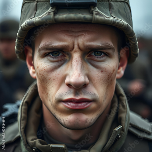 There's only one half of life. Close up portrait of young male soldier. Man in military uniform on the war. Depressed and having problems with mental health and emotions, PTSD, rehabilitation. photo