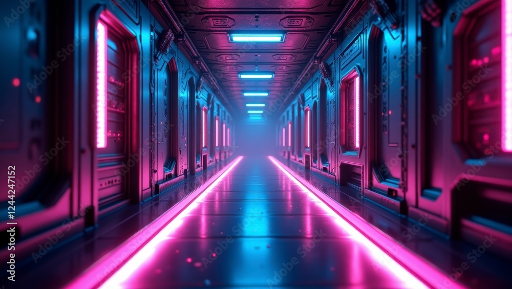 A futuristic neon hallway with glowing cyberpunk textures, pulsating holographic lights reflecting off the metal walls. The space has a high-tech, sci-fi feel with deep blue and purple tones. A futuristic neon hallway with glowing cyberpunk textures, pulsating holographic lights reflecting off the metal walls. The space has a high-tech, sci-fi feel with deep blue and purple tones.