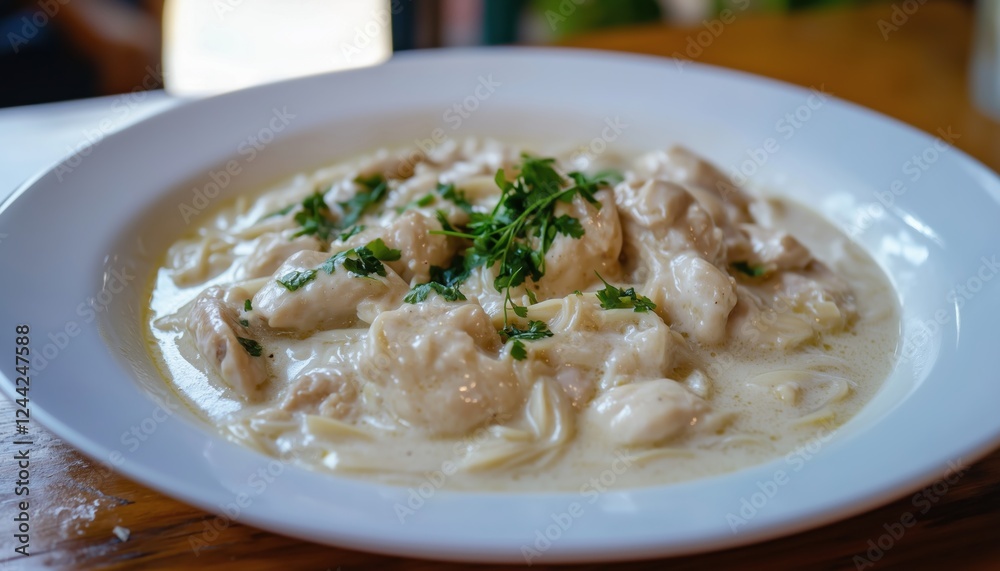 Delicious Green Curry With Creamy Coconut Milk And Chicken Served With Thai Rice Noodles, Known As Kanom Jeen, Displayed On A Wooden Table. Delicious Green Curry With Creamy Coconut Milk And Chicken Served With Thai Rice Noodles, Known As Kanom Jeen, Displayed On A Wooden Table.