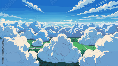 Blue Sky with Clouds and Green Landscape