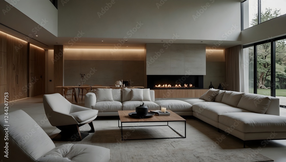 Fototapeta premium Spacious living area with several sofas and chairs, fireplace along one wall, and large windows letting in natural light