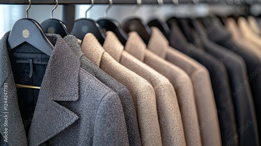 Obraz premium Stylish coats on hangers in a clothing store