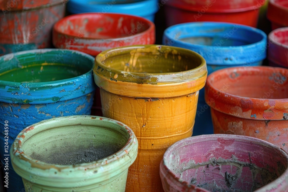 Close up of colorful empty flower pots, highlighting their vivid colors and weathered textures, creating an interesting visual display Close up of colorful empty flower pots, highlighting their vivid colors and weathered textures, creating an interesting visual display