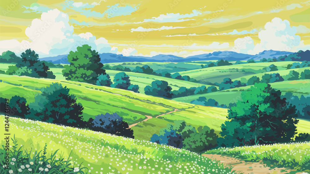 Obraz premium Rolling Hills Landscape with Flowers and Trees