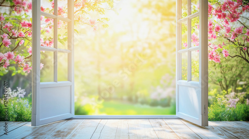 Soft-focus glass door opening to a vibrant spring garden illuminated by sunlight