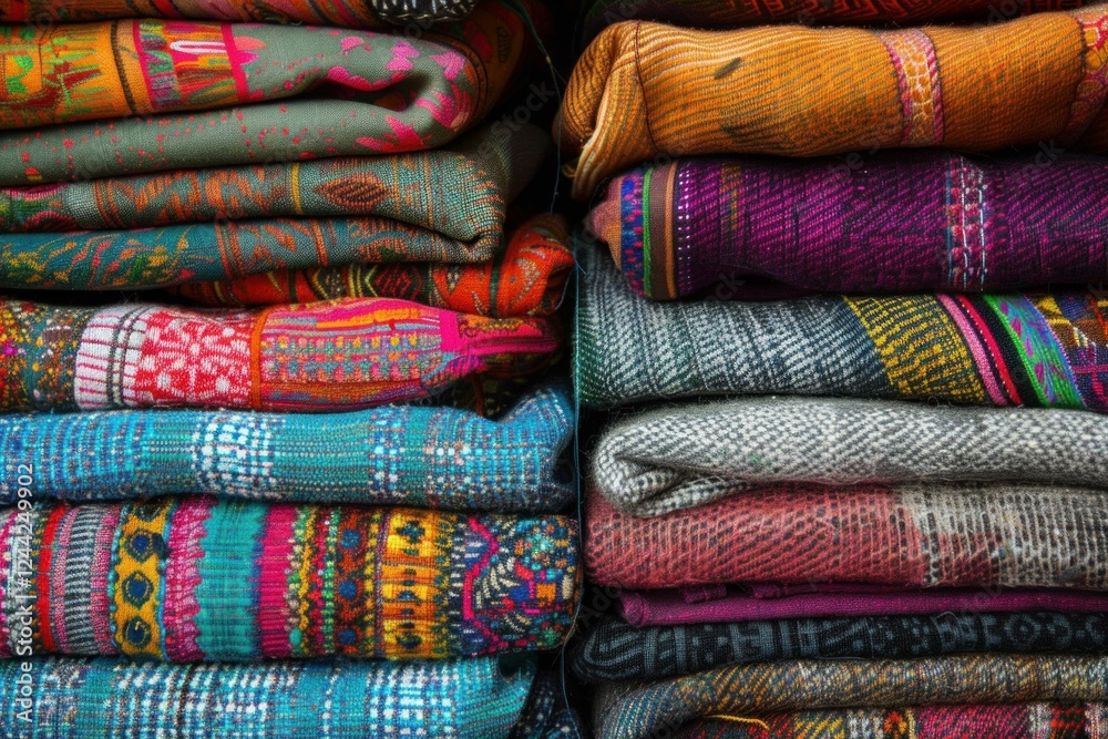 Stacked handcrafted colorful blankets with traditional patterns creating a vibrant display of south american textile art Stacked handcrafted colorful blankets with traditional patterns creating a vibrant display of south american textile art