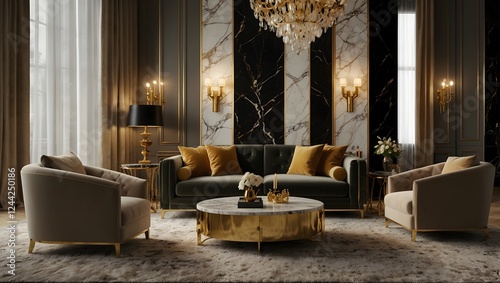 Luxury living room with grey sofa, two armchairs, gold coffee table, marble accents, and crystal chandelier for an elegant touch