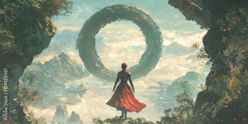 Epic journey of a hero enchanted mountains digital art mystical landscape aerial view adventure concept