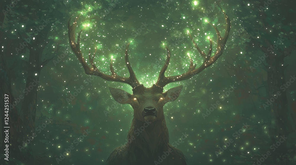 Fototapeta premium Majestic stag surrounded by sparkling lights enchanted forest digital art mystical environment close-up view nature's wonders