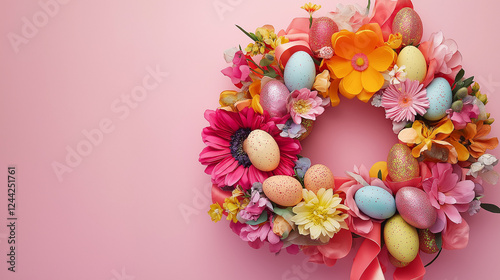 A brightly colored wreath featuring oversized flowers, ribbons, and glittering Easter eggs