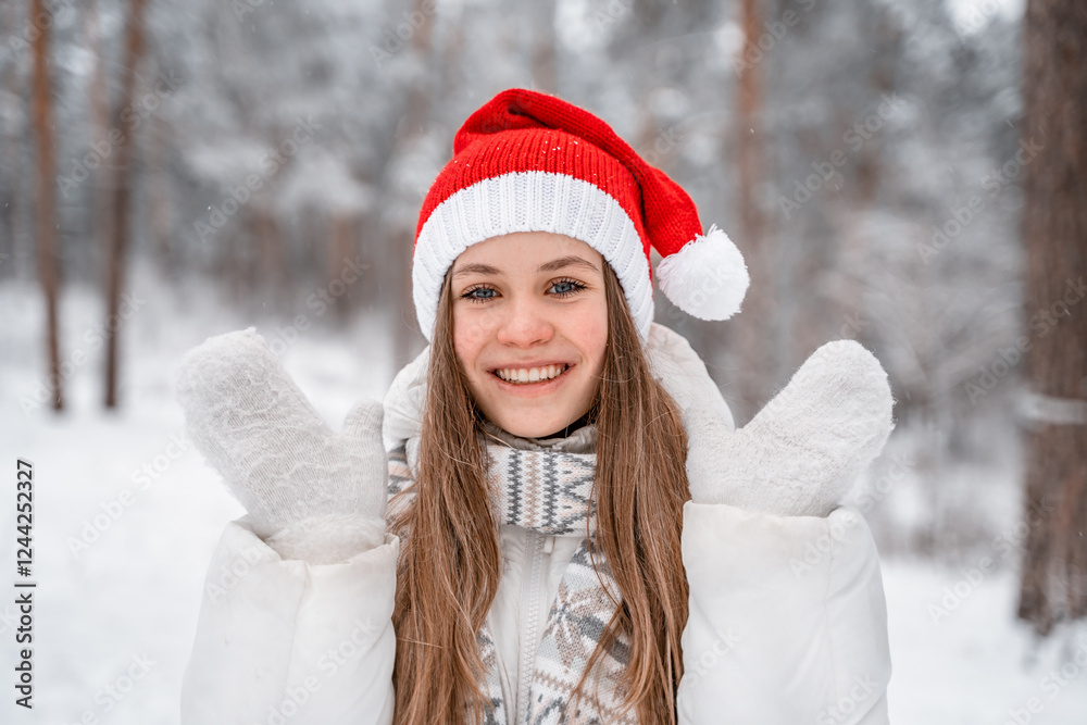 Portrait of a beautiful young woman in a winter red hat smiling and playing with snow, picturesque winter forest Portrait of a beautiful young woman in a winter red hat smiling and playing with snow, picturesque winter forest