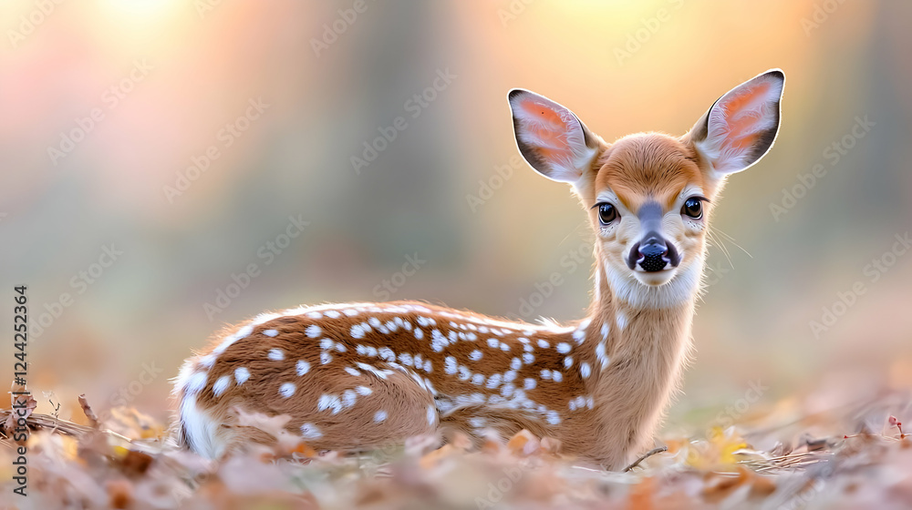 Fawn resting autumn leaves forest sunset nature