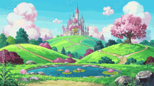 Fantasy Landscape with Castle and Pink Tree