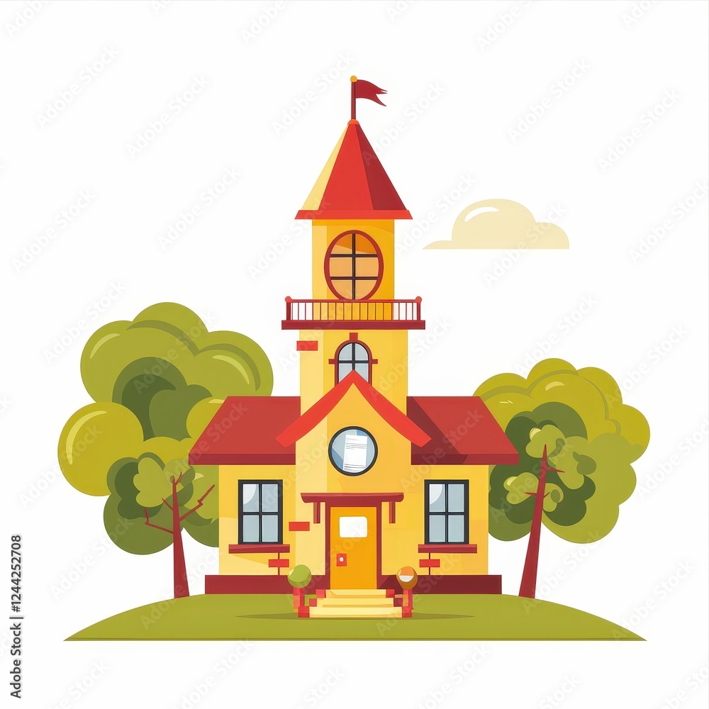 A yellow school building with a red roof and a clock on the front A yellow school building with a red roof and a clock on the front