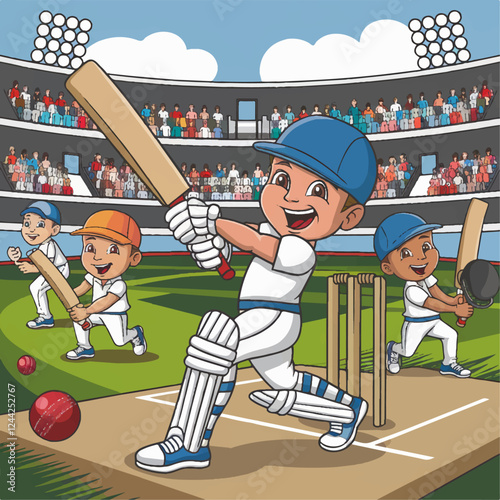 Young cartoon characters energetic player hit the ball at cricket tournament vector illustration