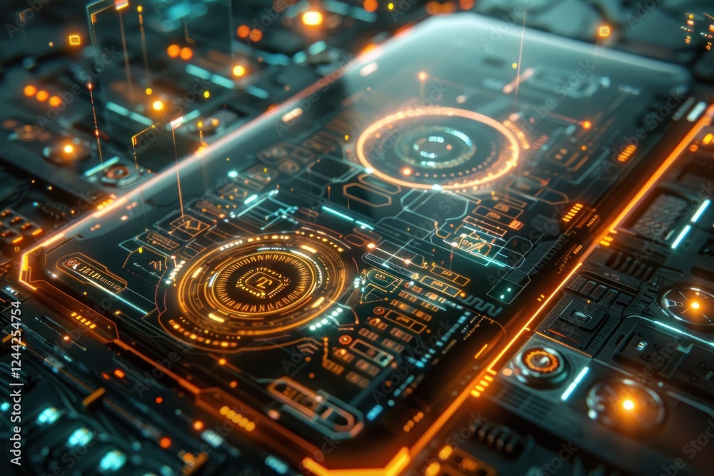 A glass panel shows detailed blueprints and matrix code, softly lit in a high-tech setting A glass panel shows detailed blueprints and matrix code, softly lit in a high-tech setting