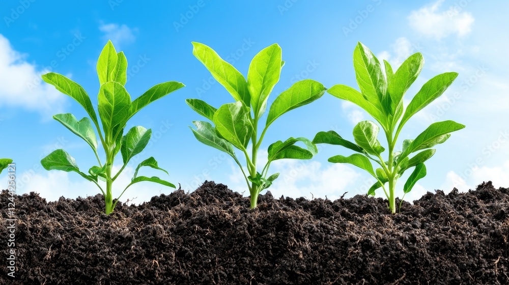 Growing plants in soil under blue sky Growing plants in soil under blue sky