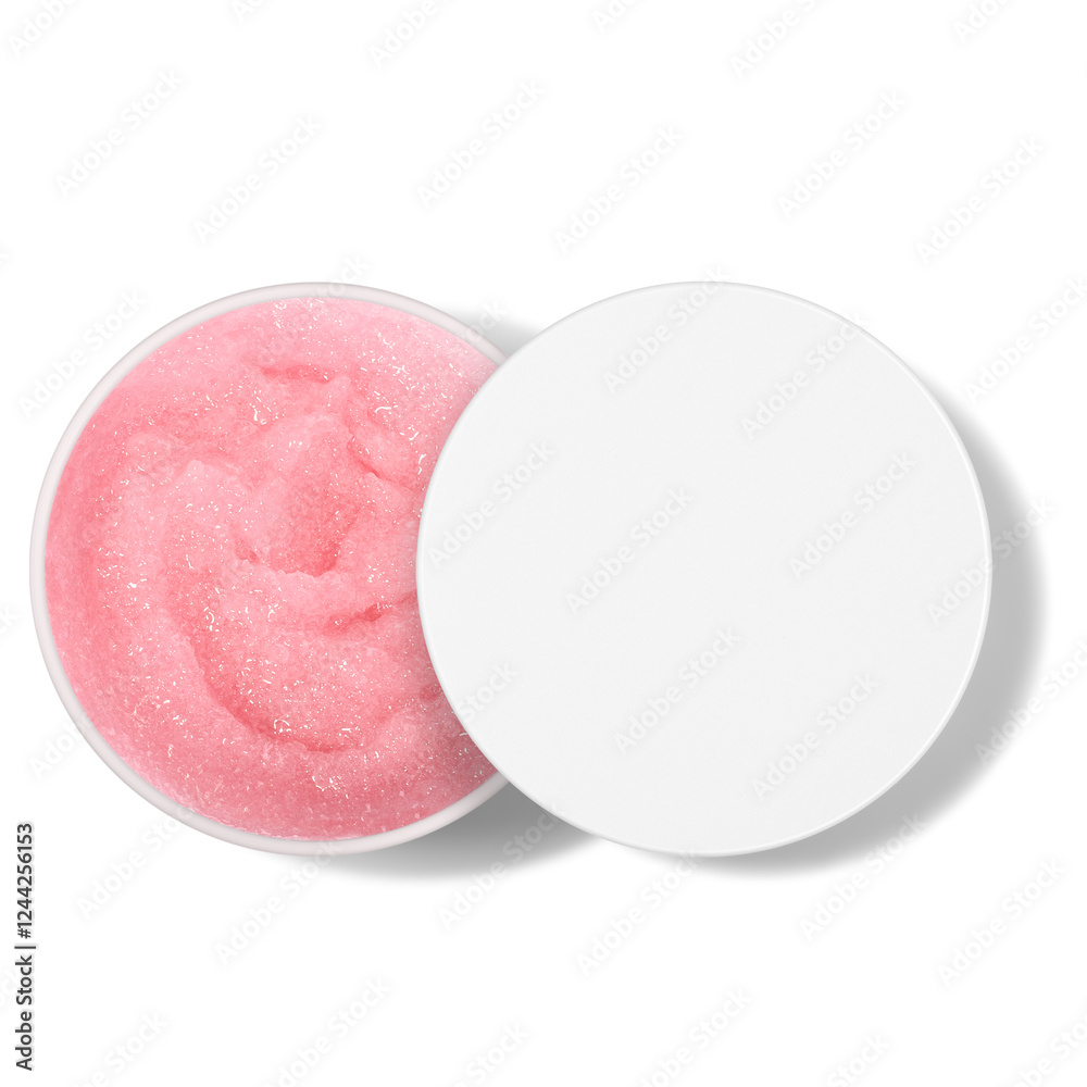 A luxurious pink body scrub in an open jar, designed for gentle exfoliation and deep hydration, perfect for skincare and spa treatments A luxurious pink body scrub in an open jar, designed for gentle exfoliation and deep hydration, perfect for skincare and spa treatments