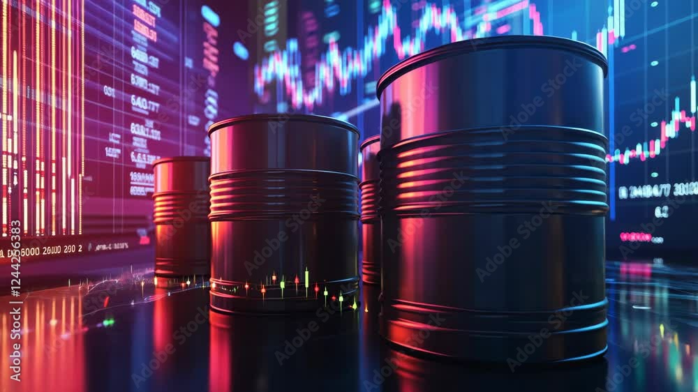 Dynamic oil market fluctuations reflected in financial graphs and energy barrels