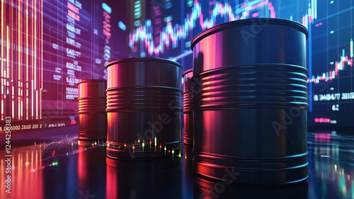 Dynamic oil market fluctuations reflected in financial graphs and energy barrels