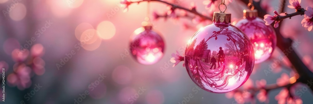 Fototapeta premium Pink glass ornaments shimmering in spring breeze, nature scenery, festive decoration, pink glass
