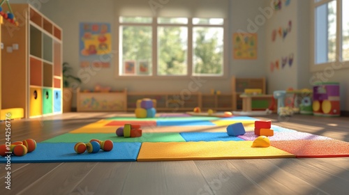 Sunny daycare room floor playmat toys