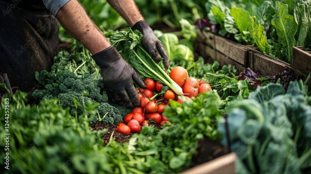 Fototapeta premium Fresh Vegetables Harvested by Farmer in Organic Garden Bed